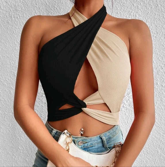 Twist Front Cut Out Crop Halter Top, Going Out Top - Picture 1 of 4